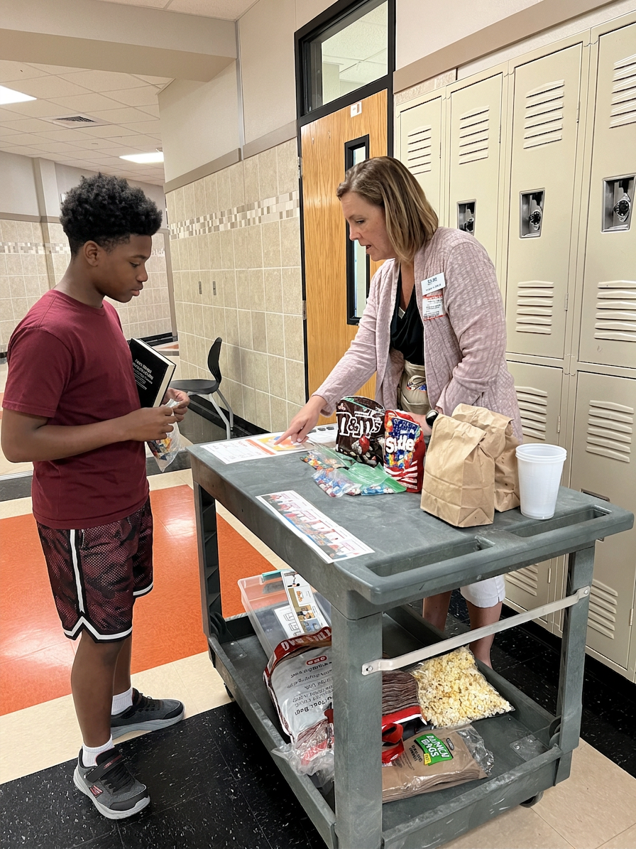 Woman points at paper on cart filled with snacks while boy listens in school hallway.