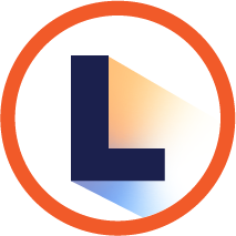 Blue letter L with orange circle border and gradient shadow on white background.