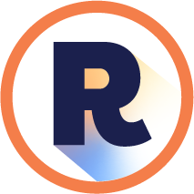 Dark blue letter R inside an orange circle with a subtle shadow gradient background.