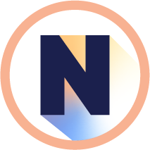 Dark blue letter N with orange and blue diagonal shading inside a peach circle border.