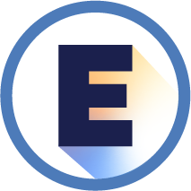 Dark blue letter E with a shadow inside a blue circle on a white background.