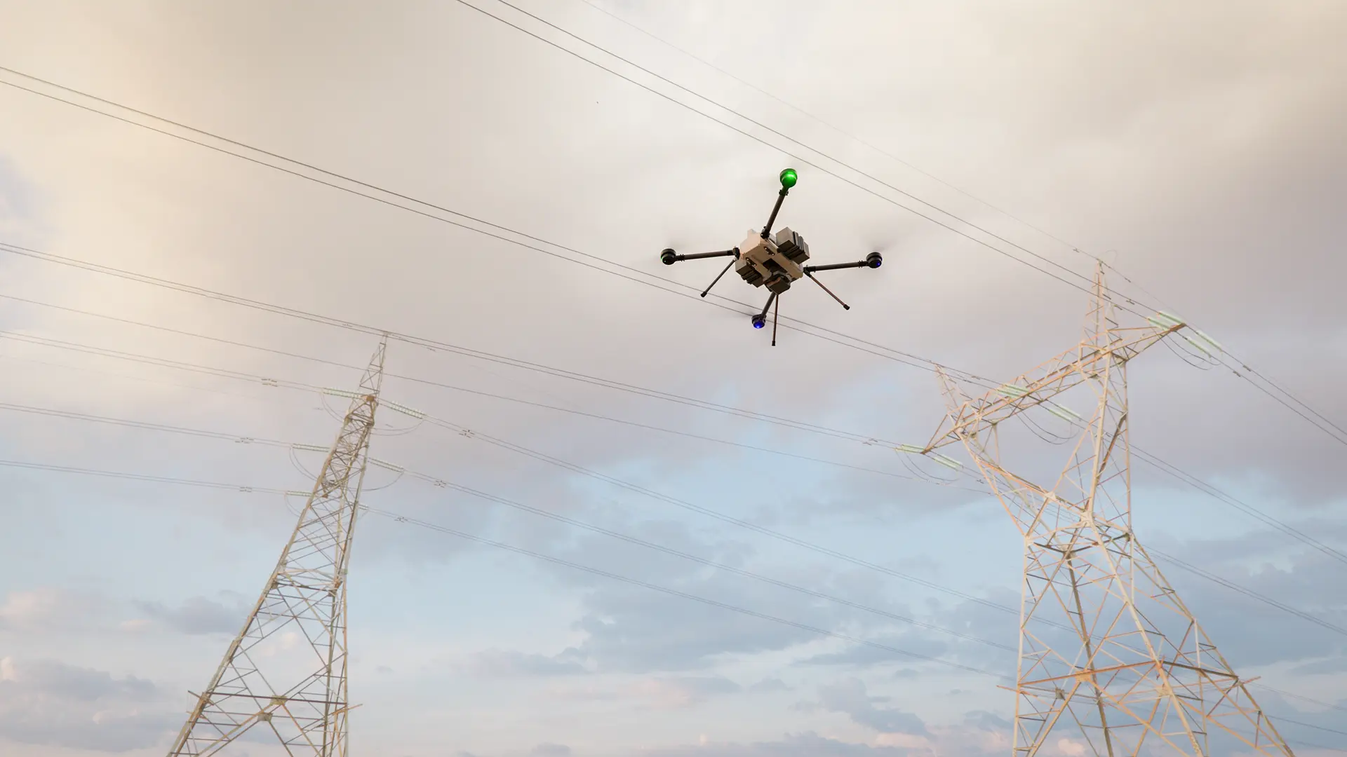 BVQ418 quadcopter in flight between two high-voltage transmission towers, overhead power lines crossing the sky behind it