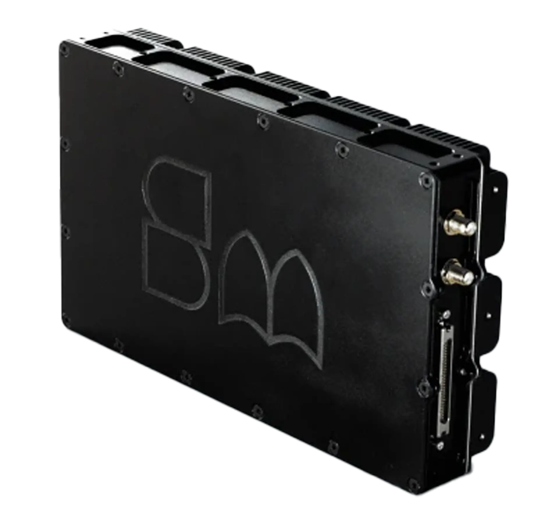 SIM Catcher — slim finned black module with two SMA antenna connectors, a multi-pin data port and an embossed logo
