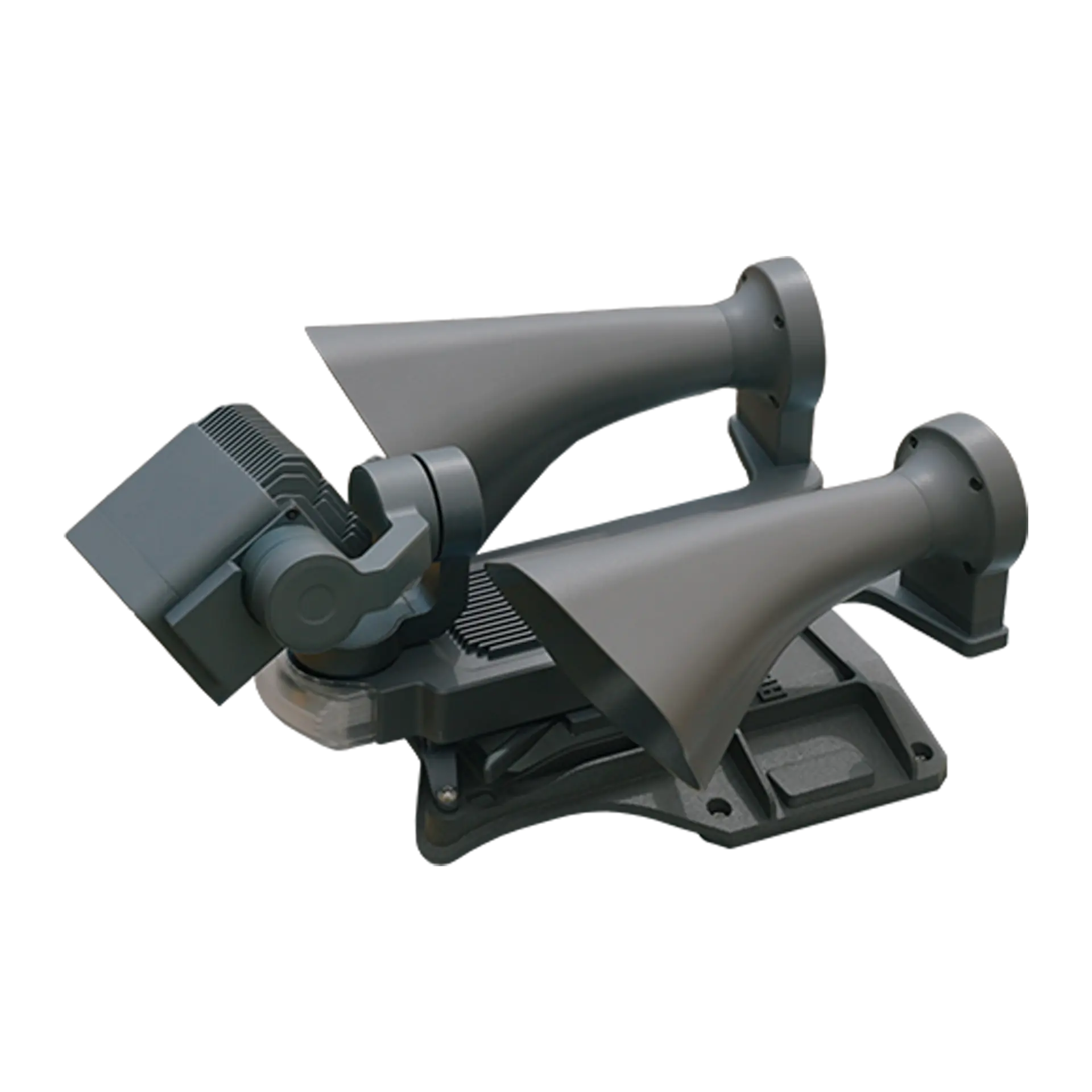 Speakers and search lights payload — twin grey horn speakers beside an articulated spotlight on a shared mounting base
