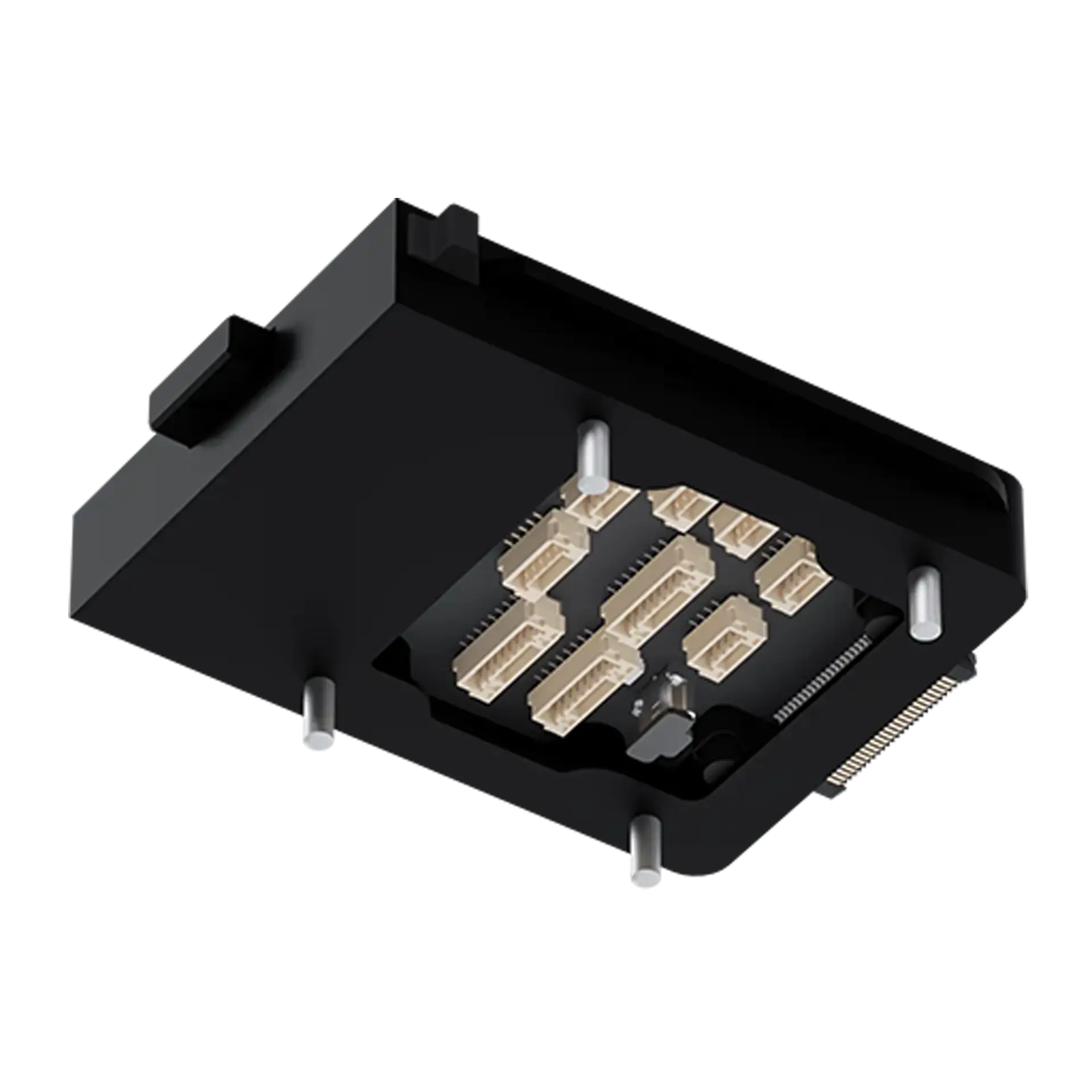BV Payload Interface Kit — black moulded module with a bank of pale board connectors and metal alignment pins