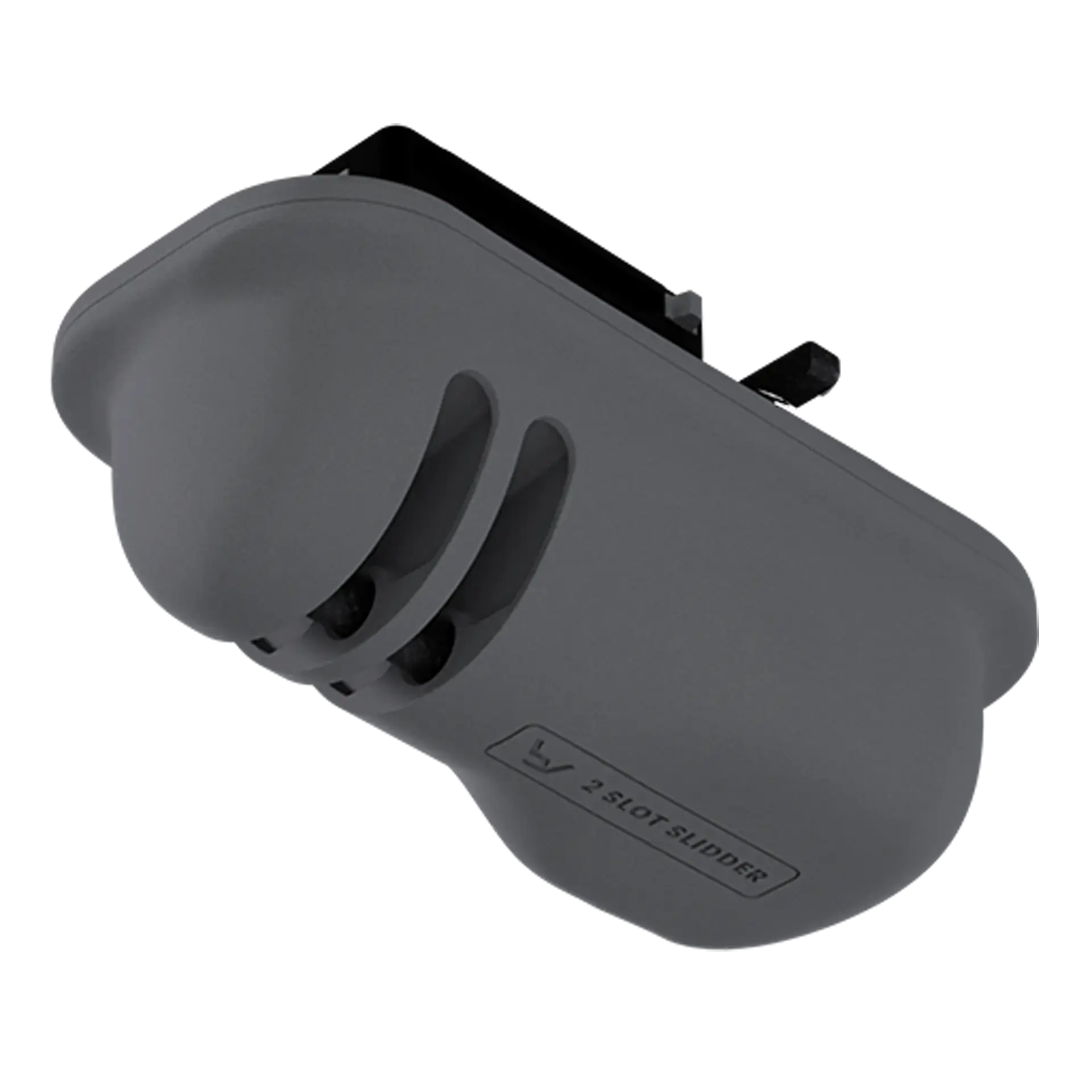 BV 2 Slot Slider — dark grey moulded mounting block with two curved slots and the model name embossed on the body