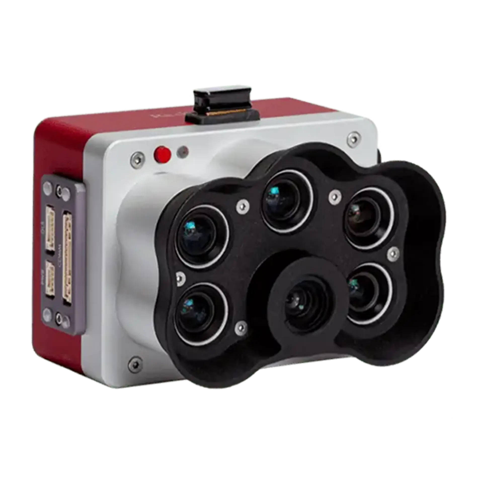 Camera Pack Multispectral — red and silver sensor body with six lenses set in a scalloped black faceplate
