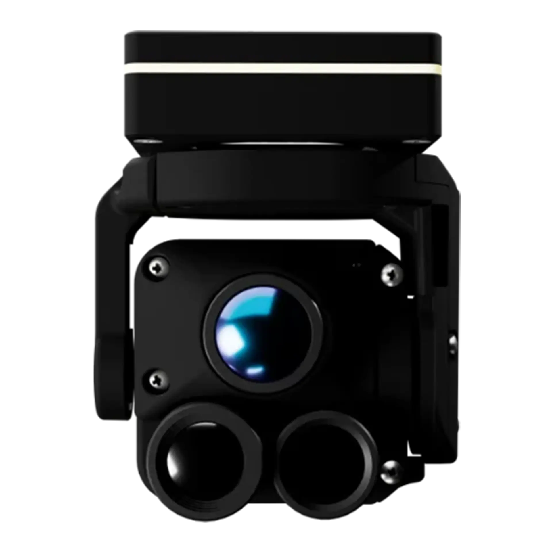 Camera Pack CTS — compact black gimbal with a blue-coated main lens and two smaller lenses directly below it