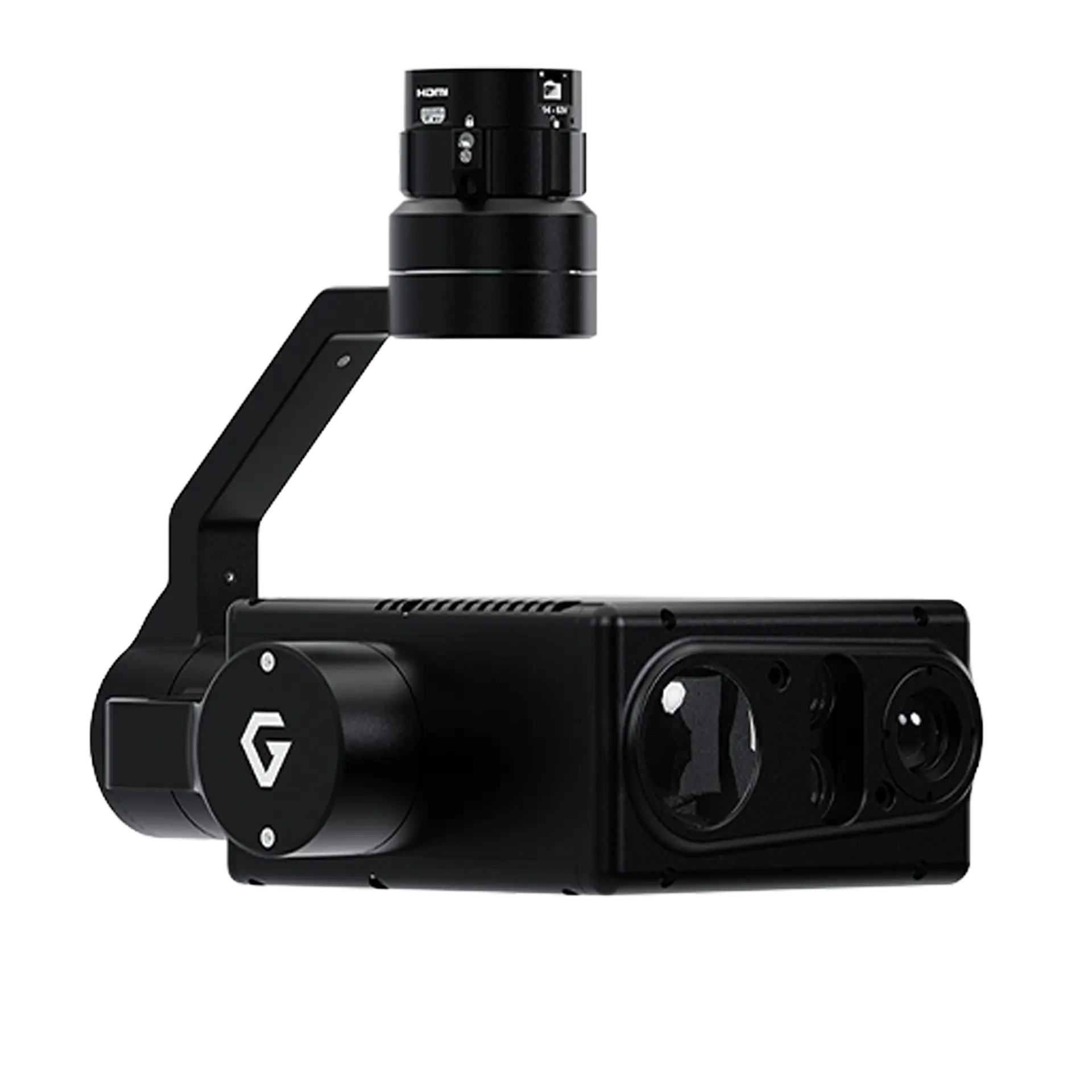 Camera Pack SLAS G1 — black gimbal with a cylindrical lens on a raised arm and a three-aperture sensor block