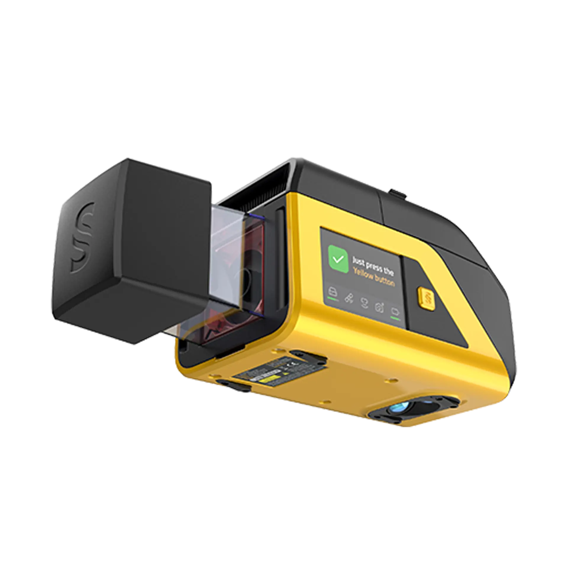LiDar Venturer — yellow YellowScan unit with a status screen and a black scanner module detached from the body