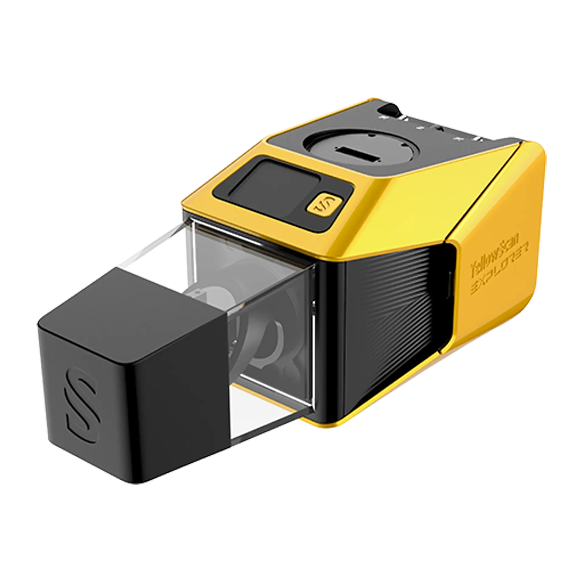 LiDar Explorer — yellow and black YellowScan unit with a detachable scanner head mounted on a clear housing