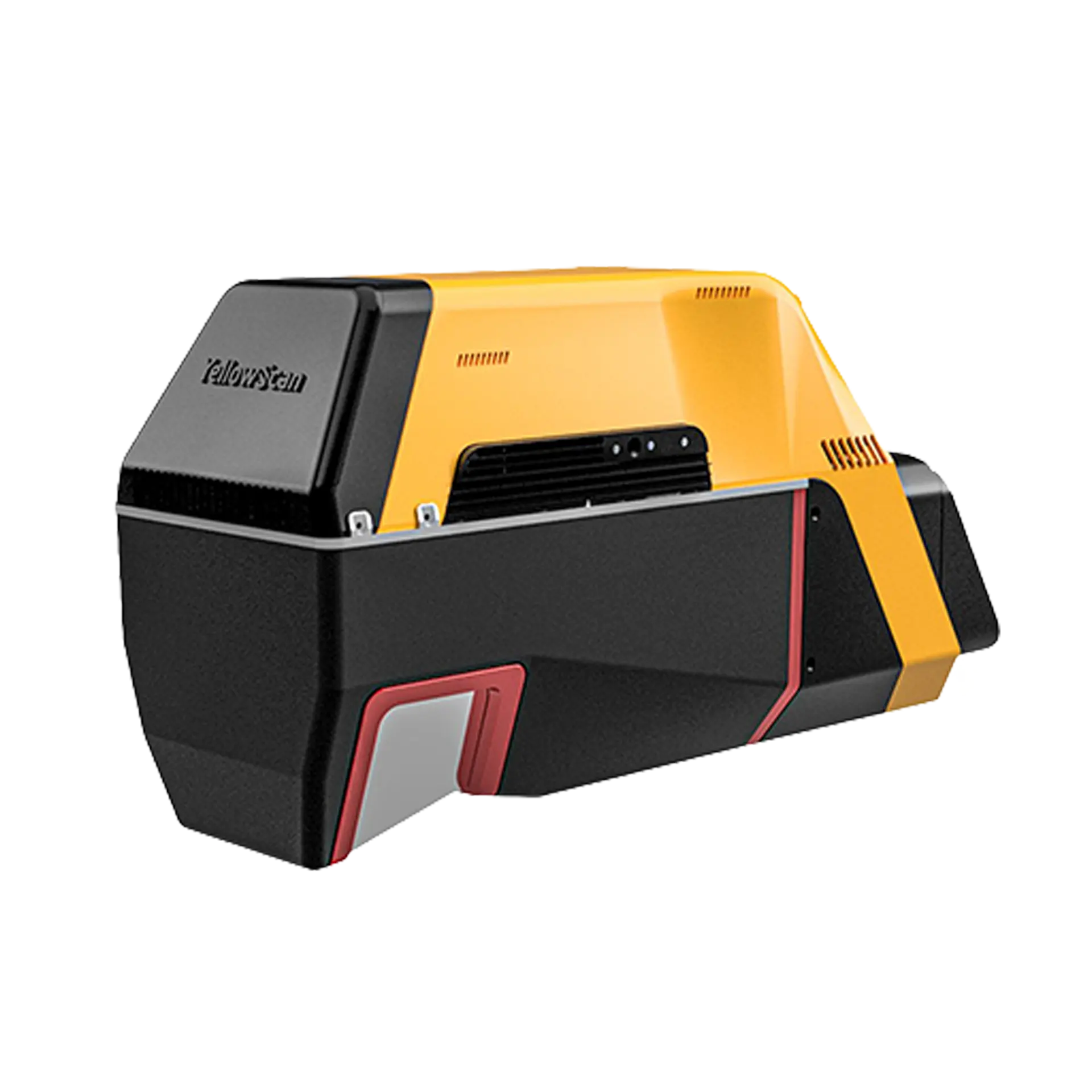 LiDar Voyager — angular yellow and black YellowScan unit with red trim and a dark vented top section