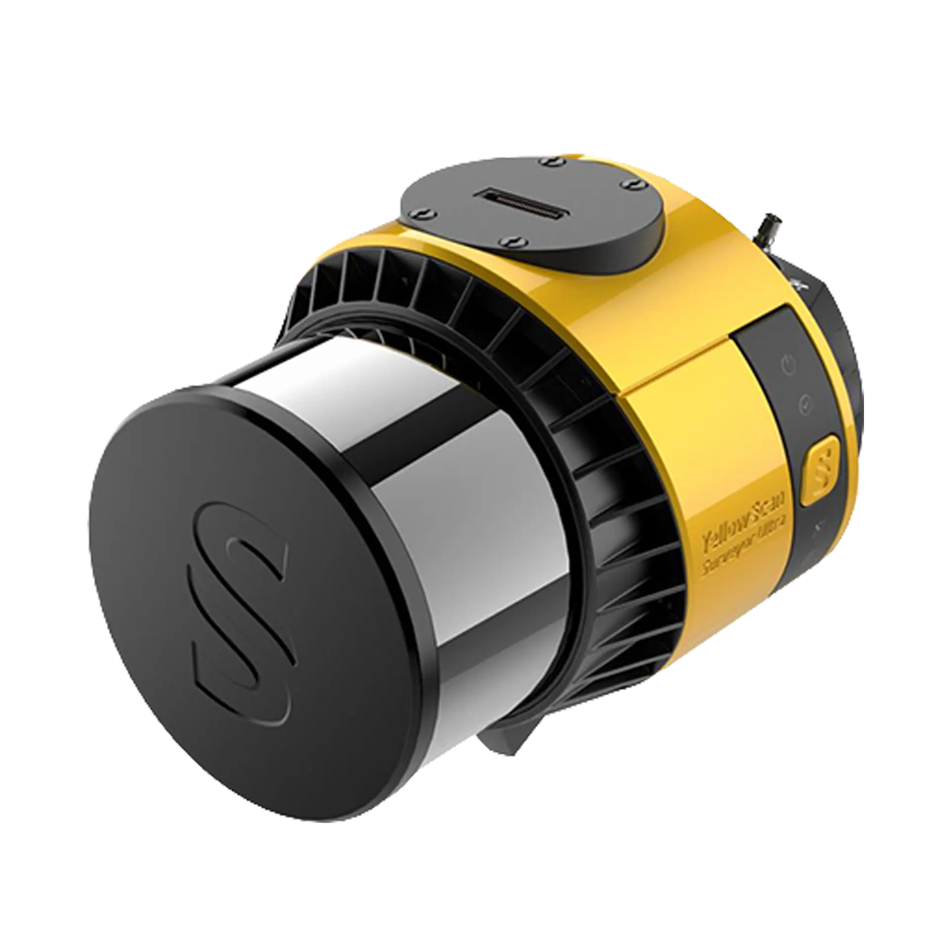 LiDar Surveyor Ultra — yellow YellowScan unit with a large cylindrical rotating scanner capped in black