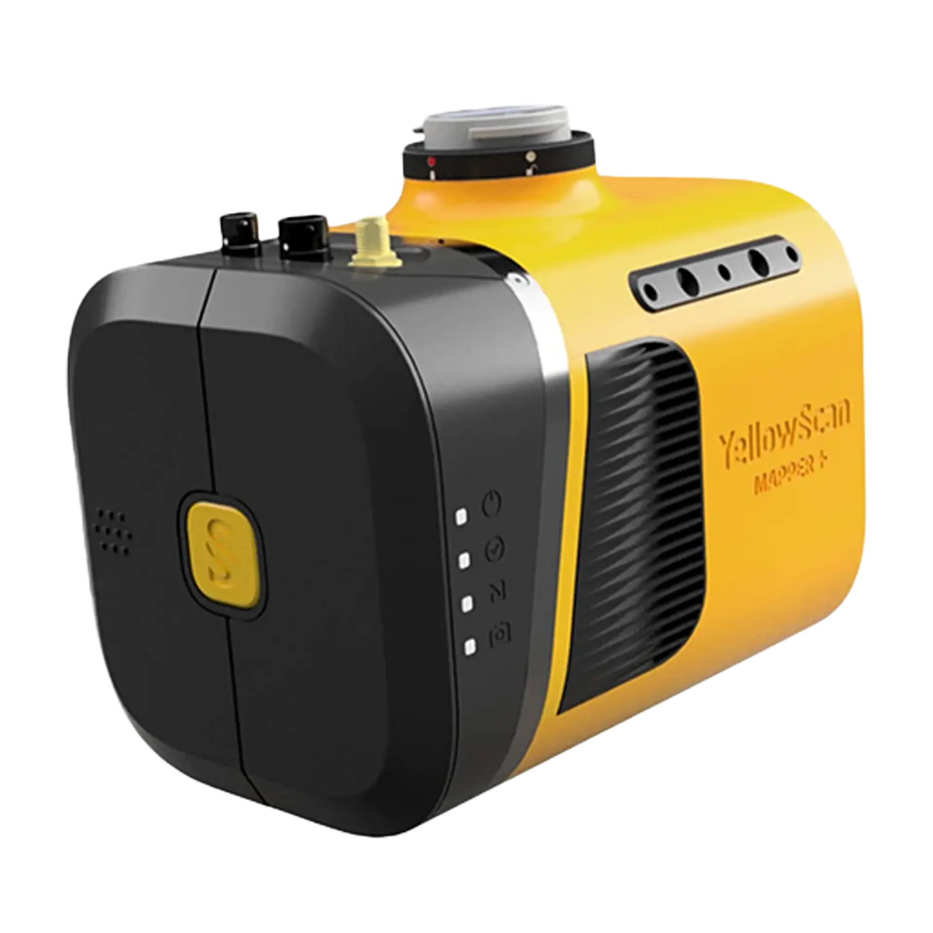 LiDar Mapper+ — compact yellow and black YellowScan unit with status indicator lights and a scanner mount on top