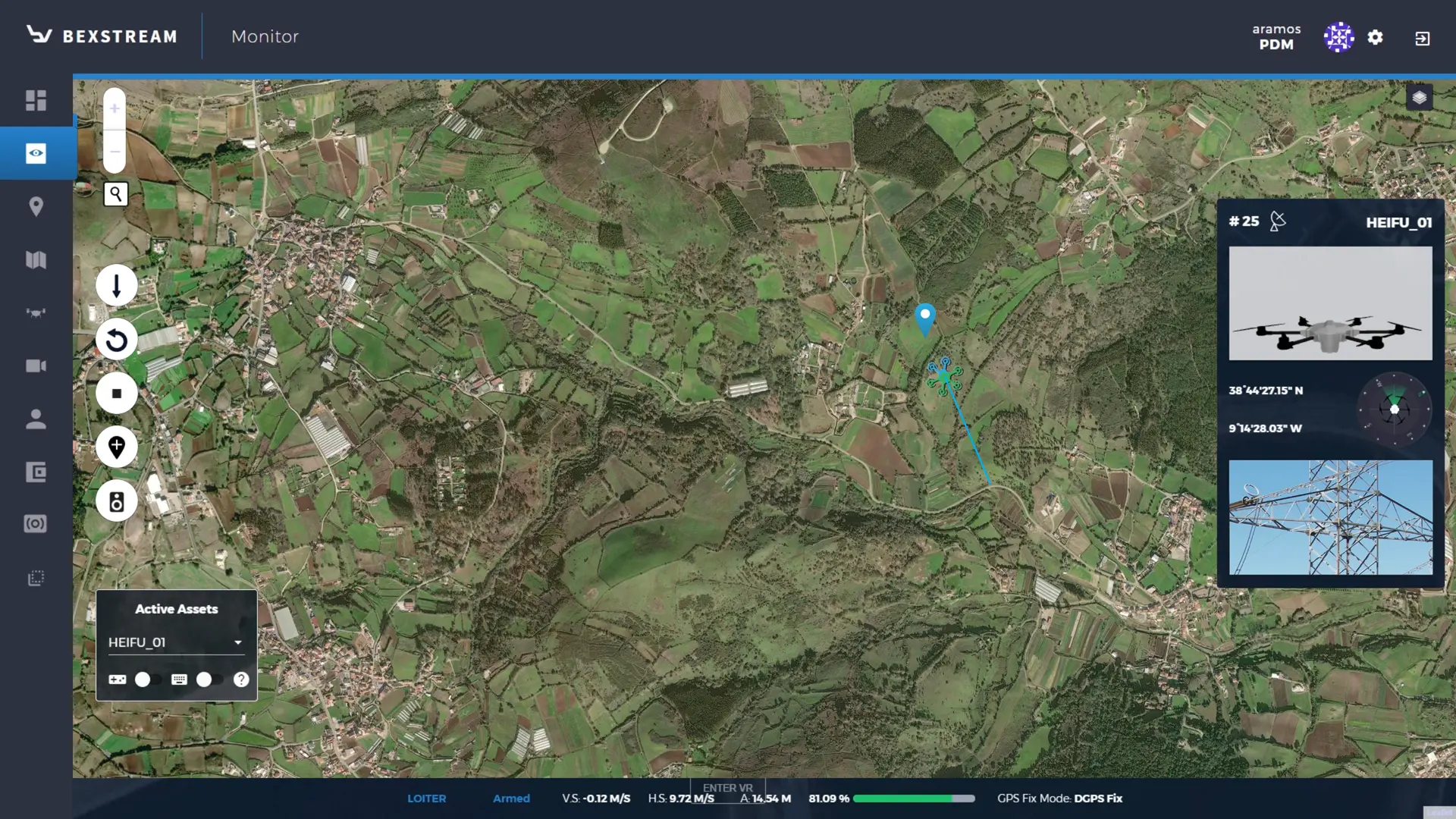 beXStream Monitor screen tracking a drone over farmland, with telemetry, coordinates and a camera thumbnail of a power pylon