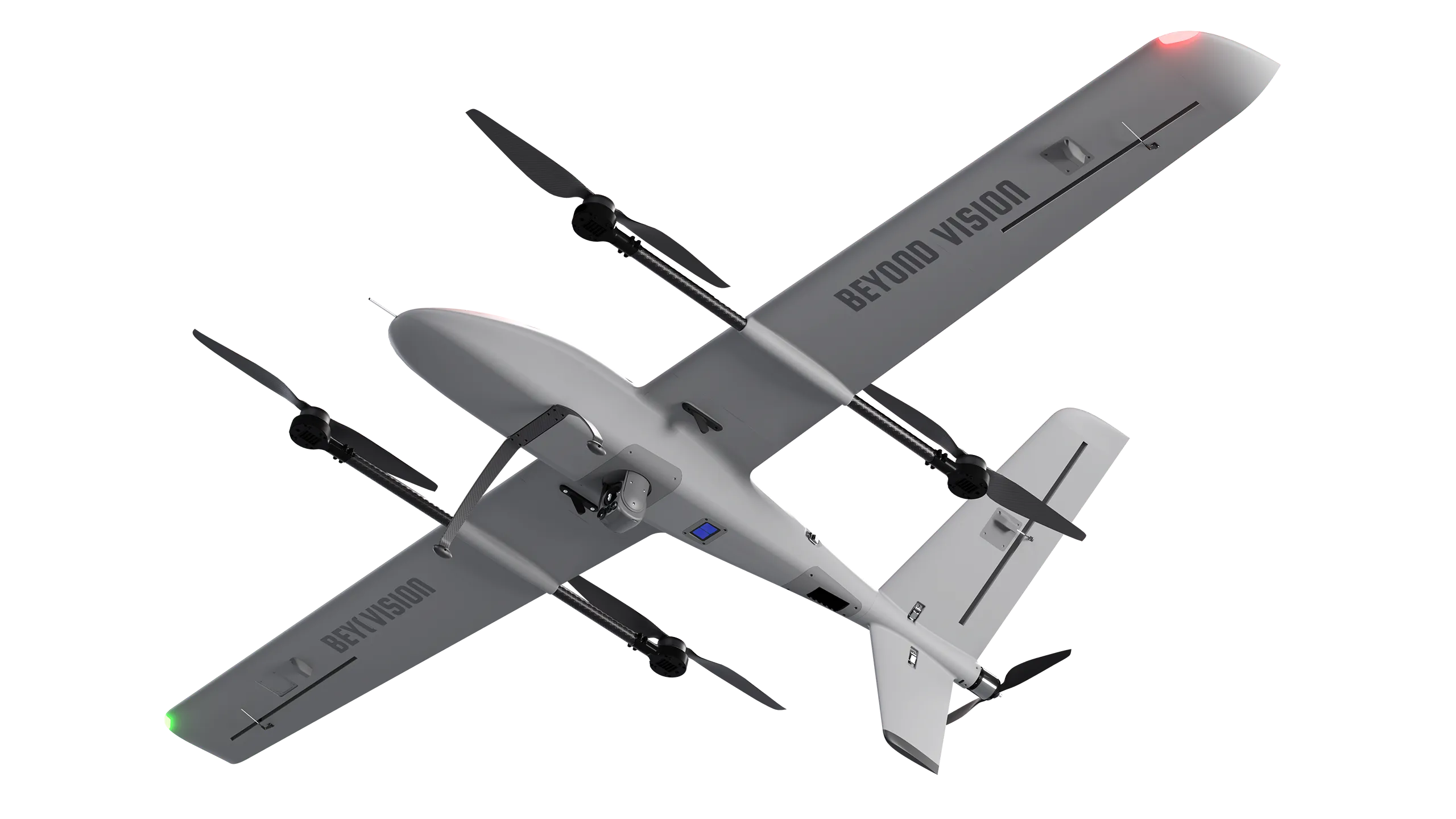 BVT516 fixed-wing VTOL drone in a three-quarter view, twin booms carrying four lift rotors and a pusher propeller at the tail