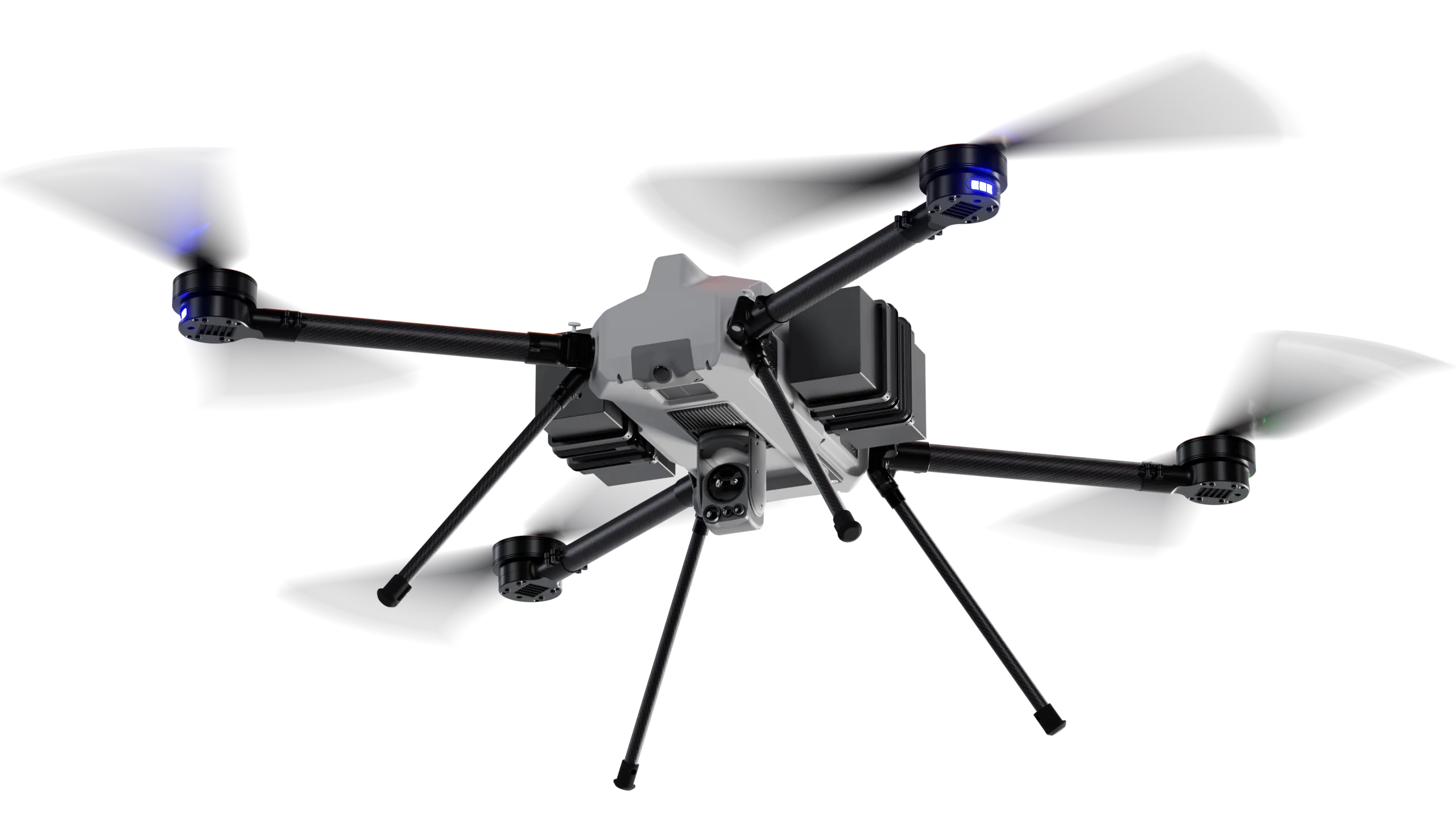 BVQ418 quadcopter against a white background, propellers spinning, landing legs extended, sensor payload mounted on one side