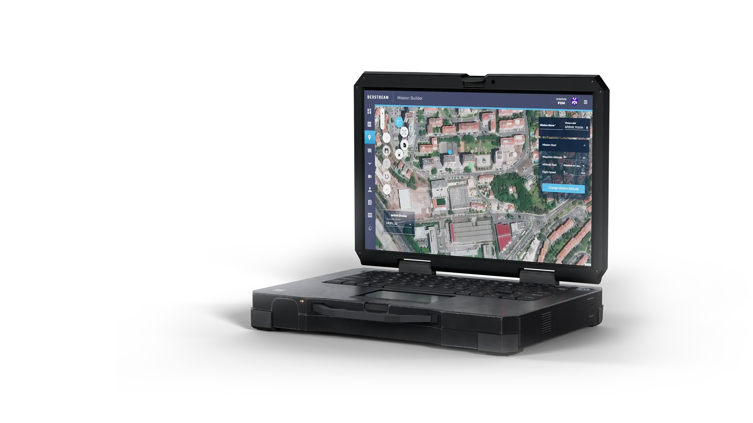 beXStream mission builder open on a rugged laptop, satellite map with numbered waypoints and a mission list panel