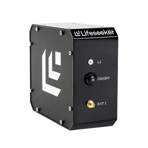 SIM Catcher — slim finned black module with two SMA antenna connectors, a multi-pin data port and an embossed logo