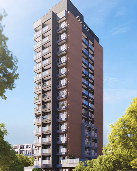 Perspectiva ilustrada da fachada de empreendimento Indepy, torre residencial com varandas ajardinadas e revestimento em tom terracota, cercada de árvores em São Paulo.