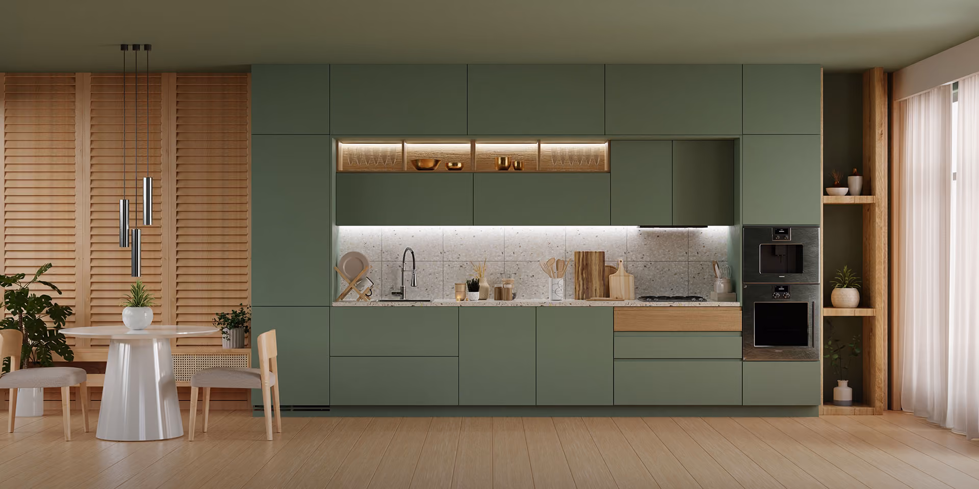 Cozinha planejada em tom verde com ilha, armários até o teto e mesa de jantar ao lado da janela — acabamento de imóvel para investimento.