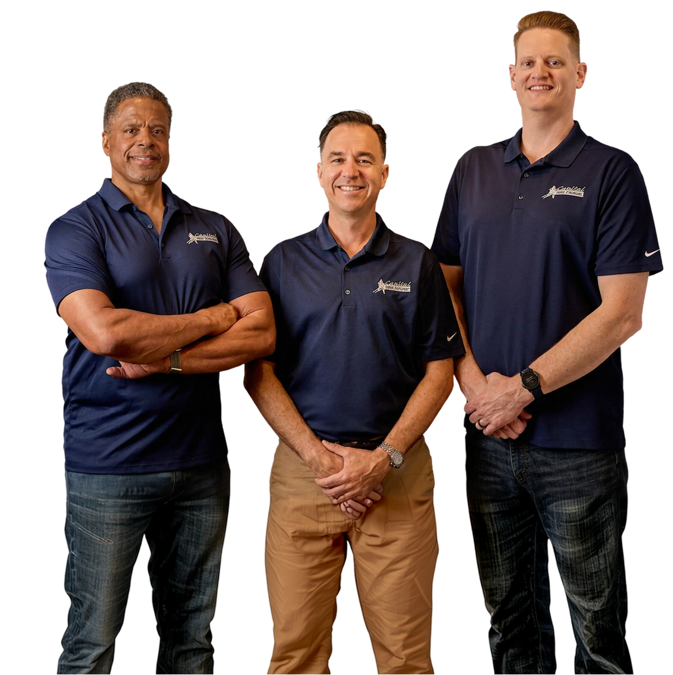 Three smiling medical professionals wearing black scrubs with DR. BE logos pose against a black background.
