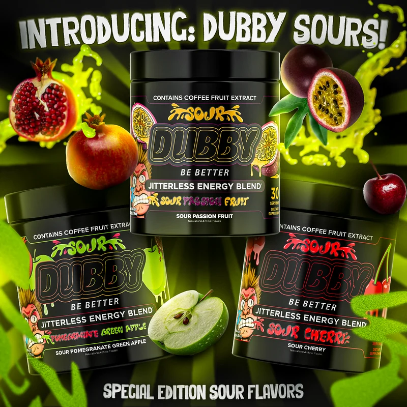 Introducing DUBBY Sours — Sour Passion Fruit, Sour Pomegranate Green Apple, Sour Cherry, special edition jitterless energy blend