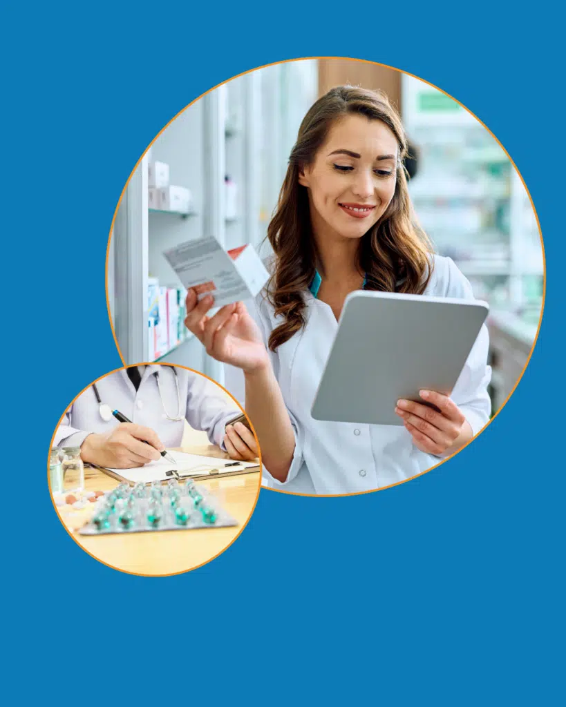 Pharmacist reading medication information on a tablet with an inset of a doctor writing a prescription.