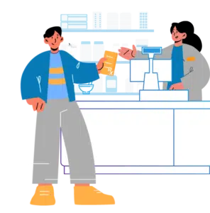 Two people at a counter exchanging money in a modern retail or service setting.