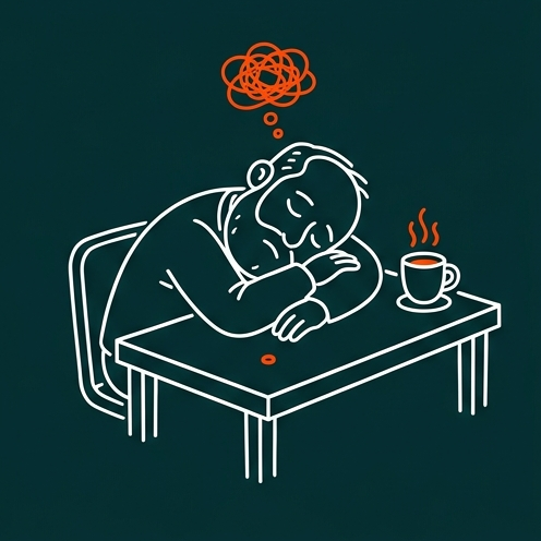 Illustration of a man slumped asleep at his desk