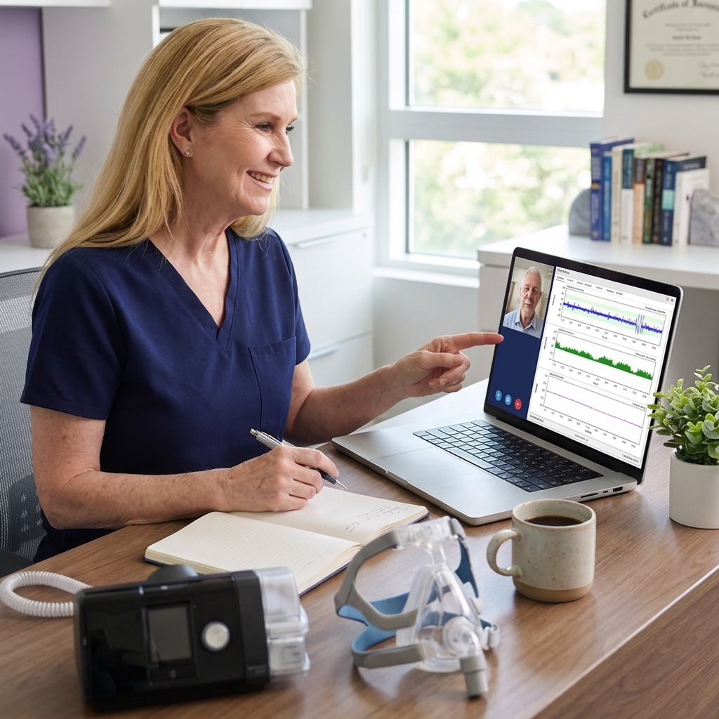Respiratory therapist reviewing sleep test results with a patient on a video call
