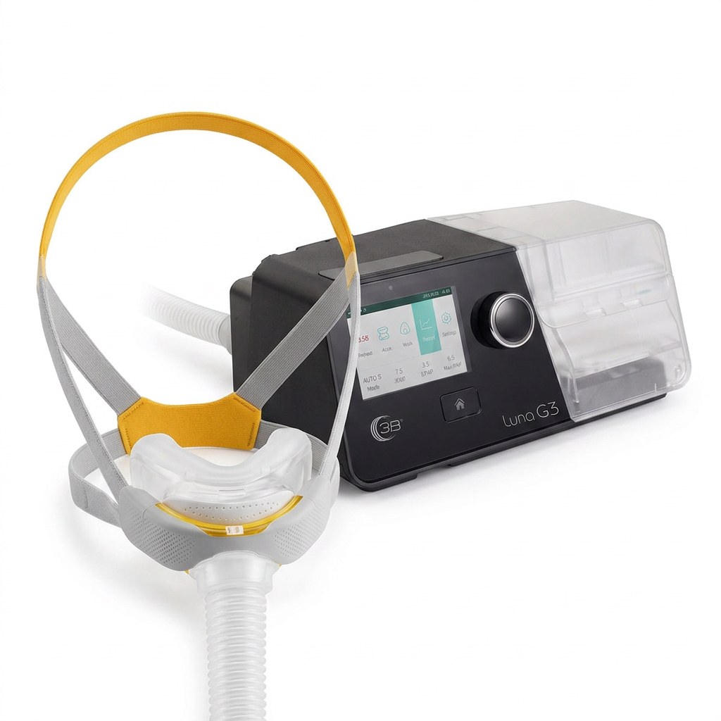 Luna G3 CPAP machine with Fisher & Paykel Solo nasal mask, available through FixSnoring rental