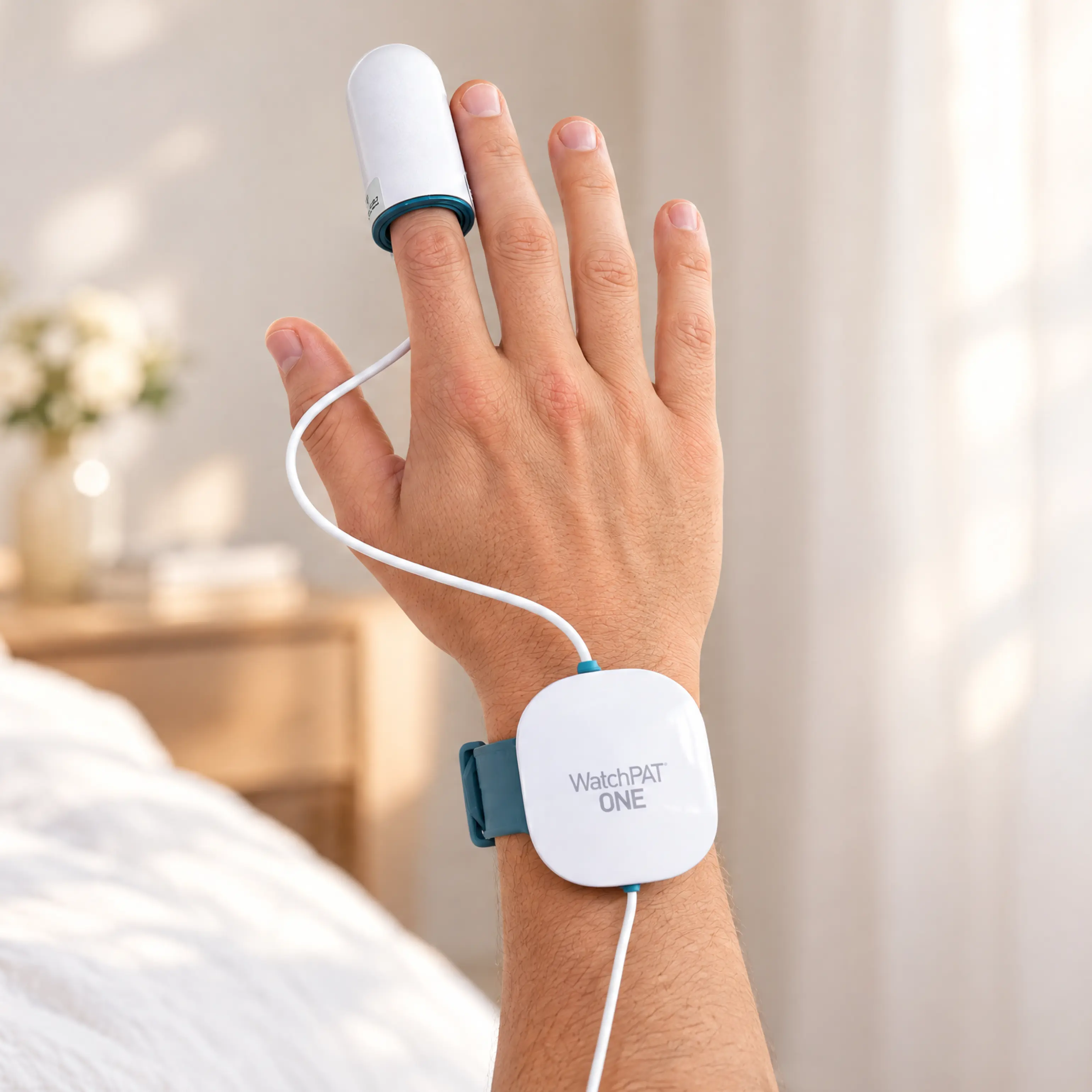 A hand wearing a WatchPAT Home Sleep Test in a clear bedroom