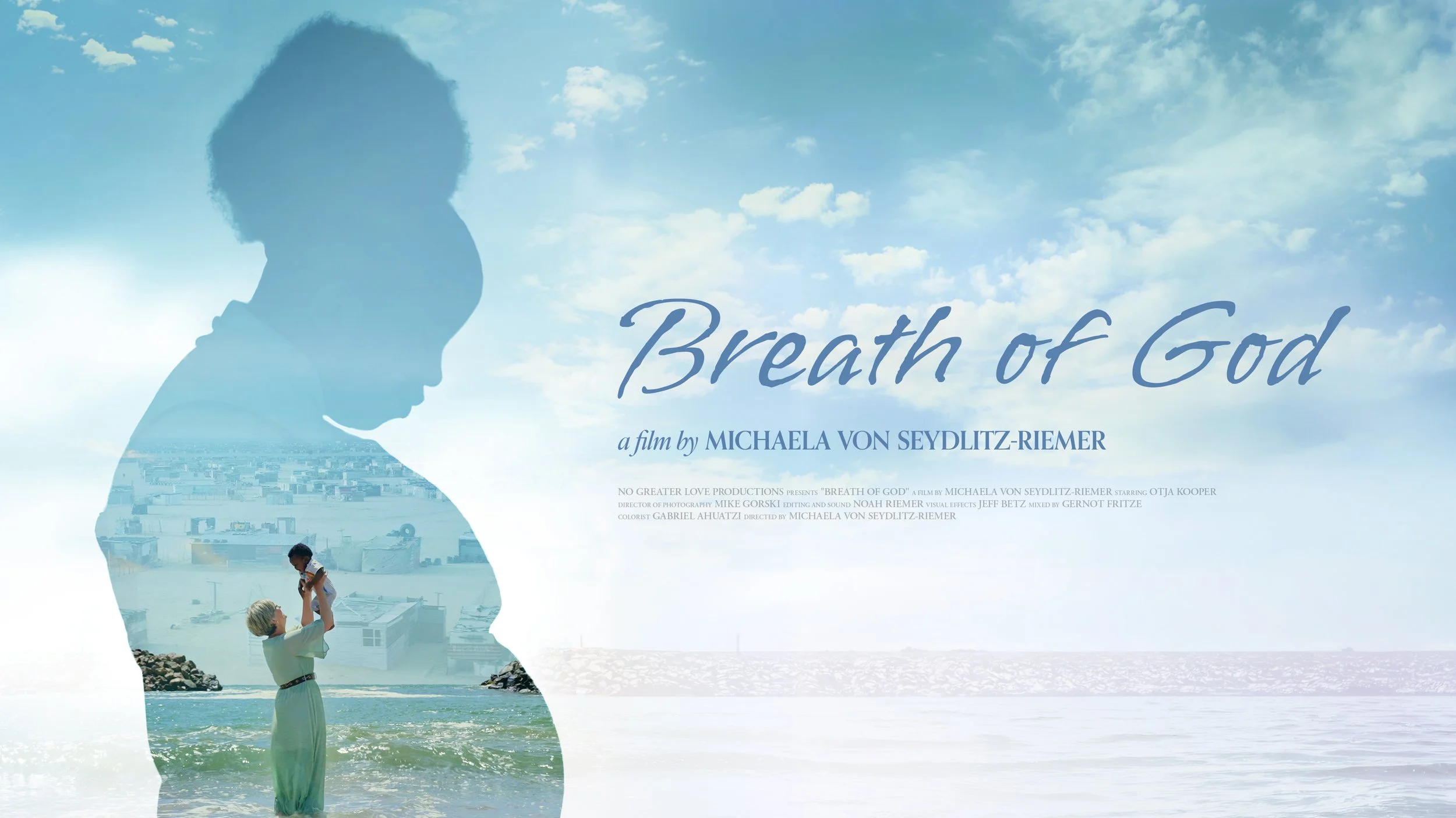 Poster for the documentary Breath of God, with a woman holding a baby framed inside the silhouette of a pregnant woman