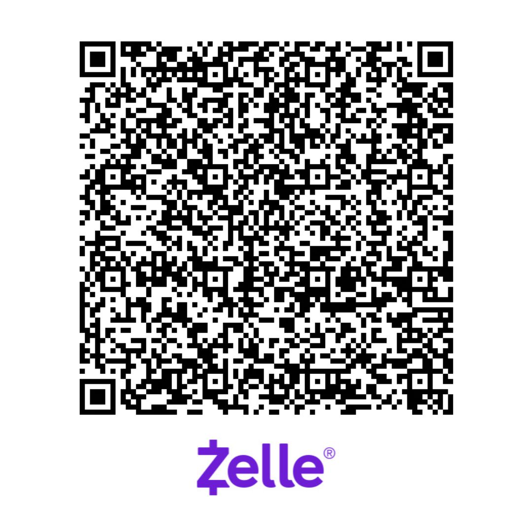 Black and white QR code above a purple Zelle logo on a white background.