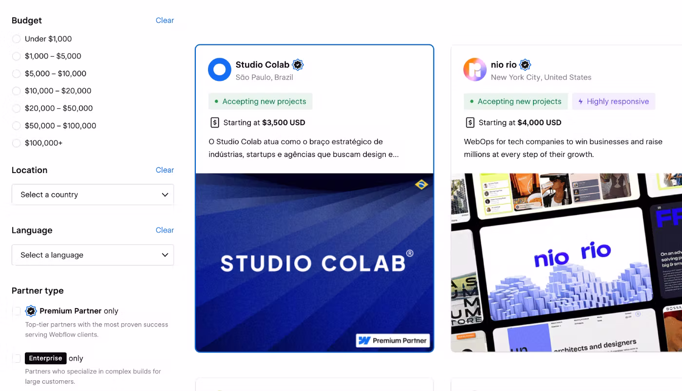 Webflow Certified Partners Directory with search and filters for finding Webflow developers, freelancers, and agencies.