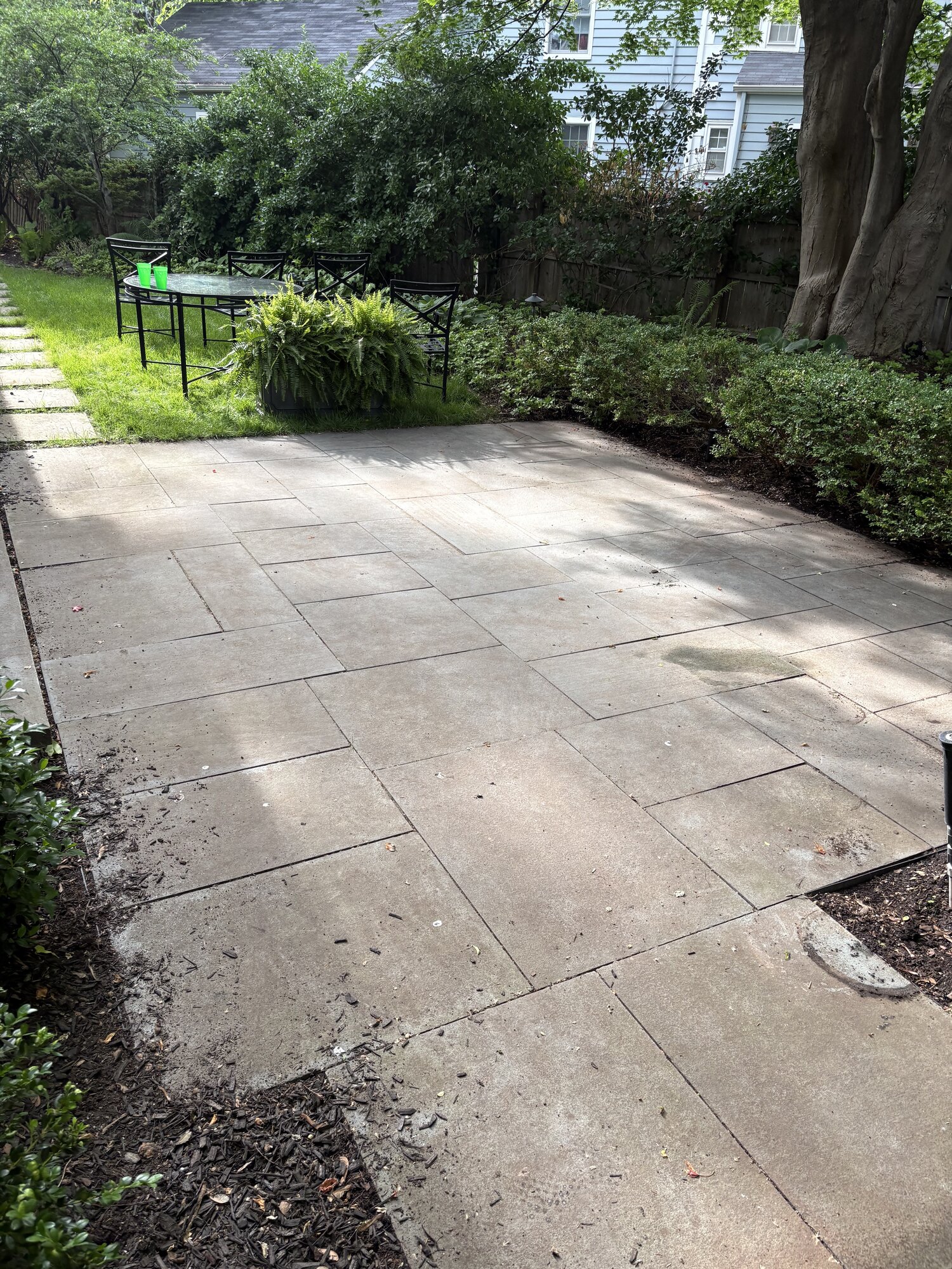 Clean paver patio in a backyard after pressure washing