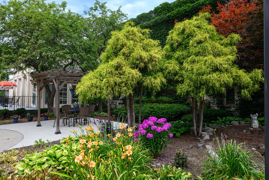 Outdoor patio with chairs under a wooden pergola surrounded by trees, bushes, and colorful flowers.