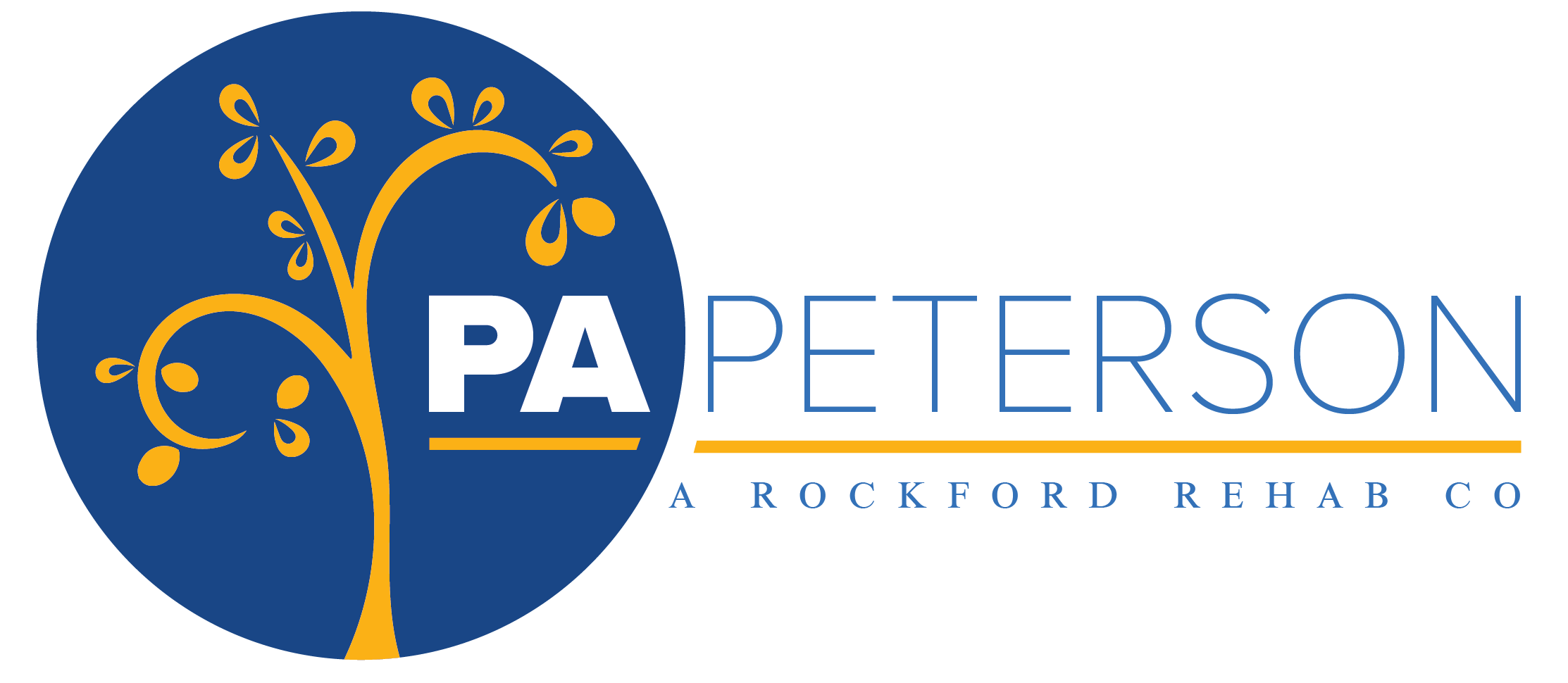 Peterson logo with stylized yellow tree inside blue circle and text 'Peterson A Rockford Rehab Co'.