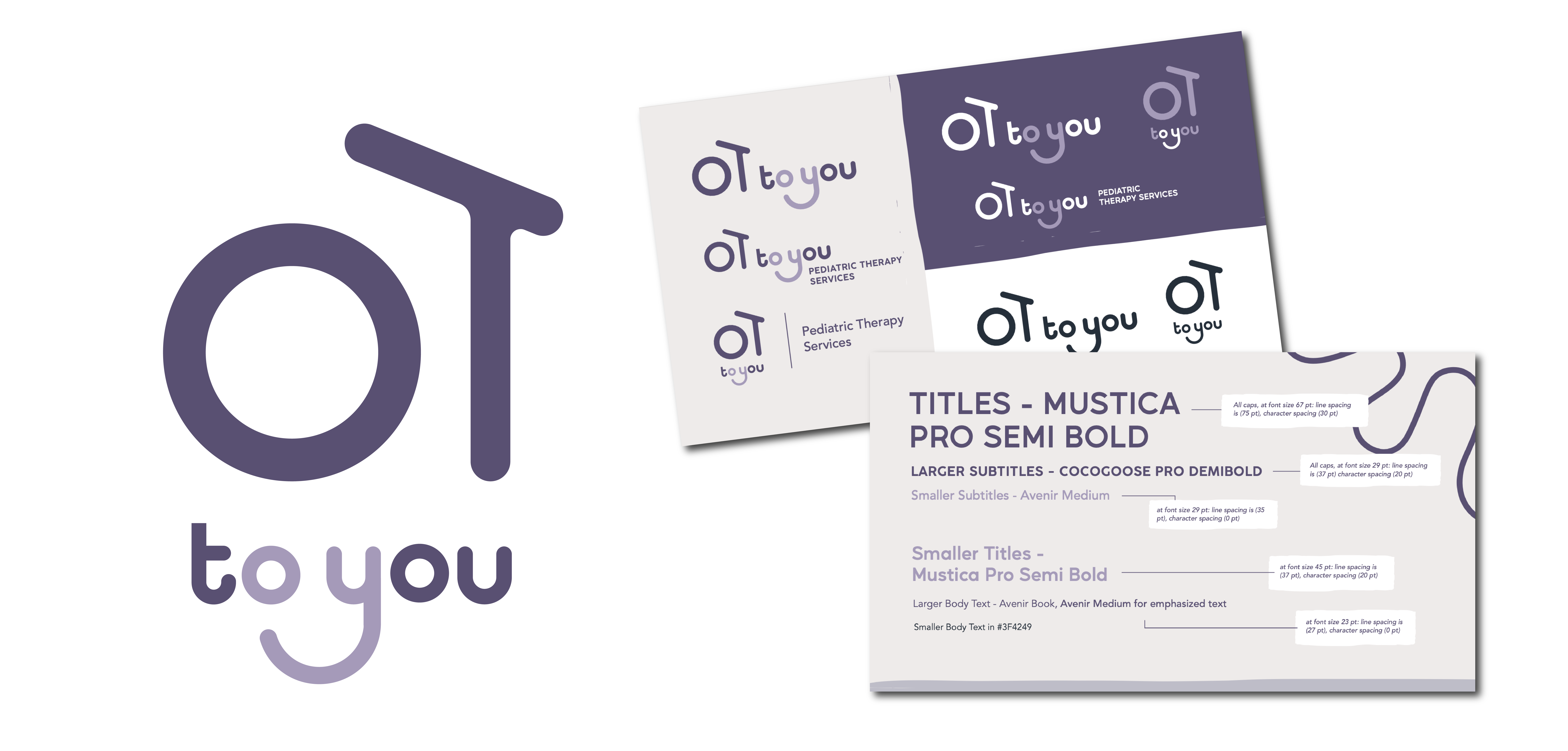 Brand design presentation showing various 'OT to you' logo styles and typography specifications for titles, subtitles, and body text.