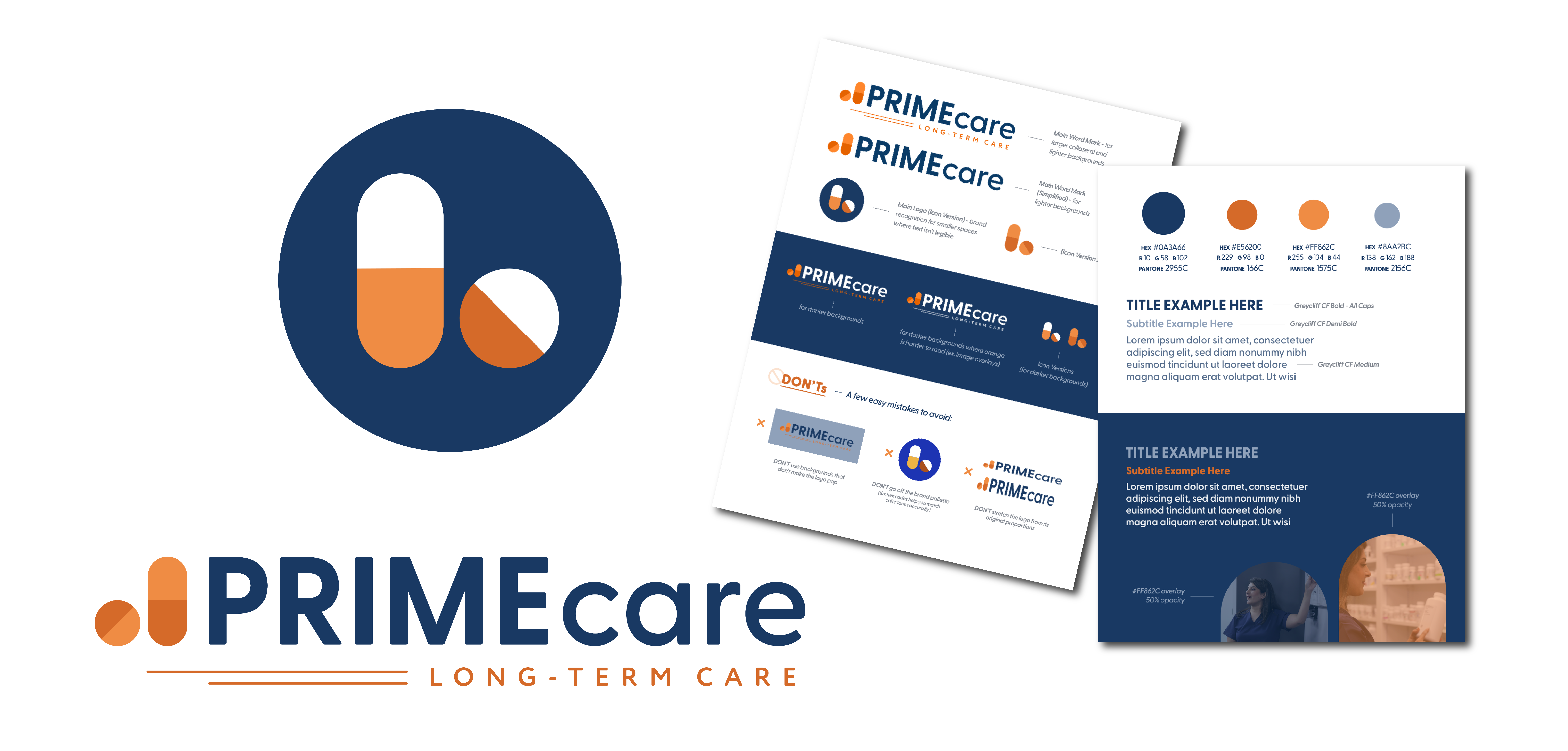 PRIMEcare logo featuring a stylized capsule and pill icon in orange and white within a blue circle, alongside brand guidelines showing logo variations, color palette, and typography examples for a long-term care service.