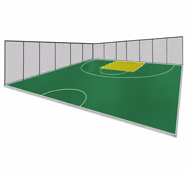 A coloured basketball court on a white background.