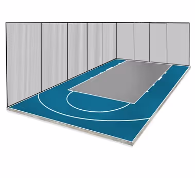 A coloured basketball court on a white background.