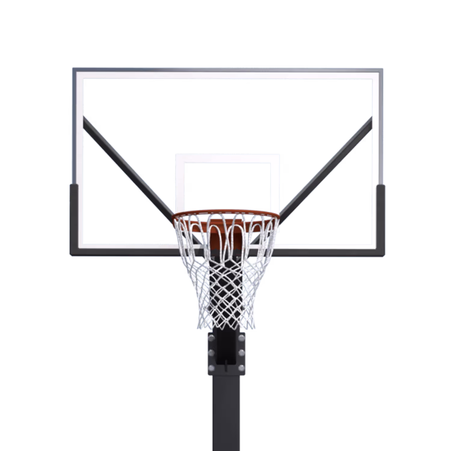 A basketball hoop with a white backboard and a transparent background.