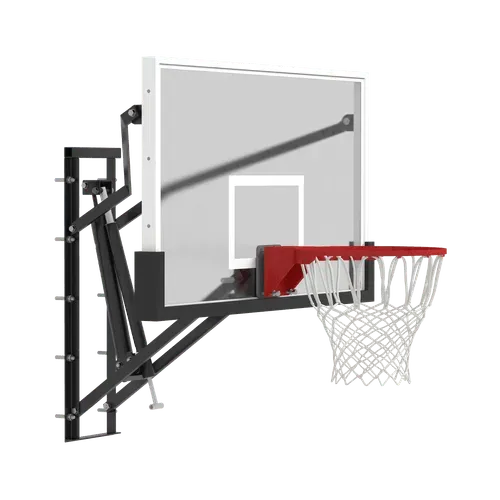 A basketball hoop with a white backboard and a transparent background.