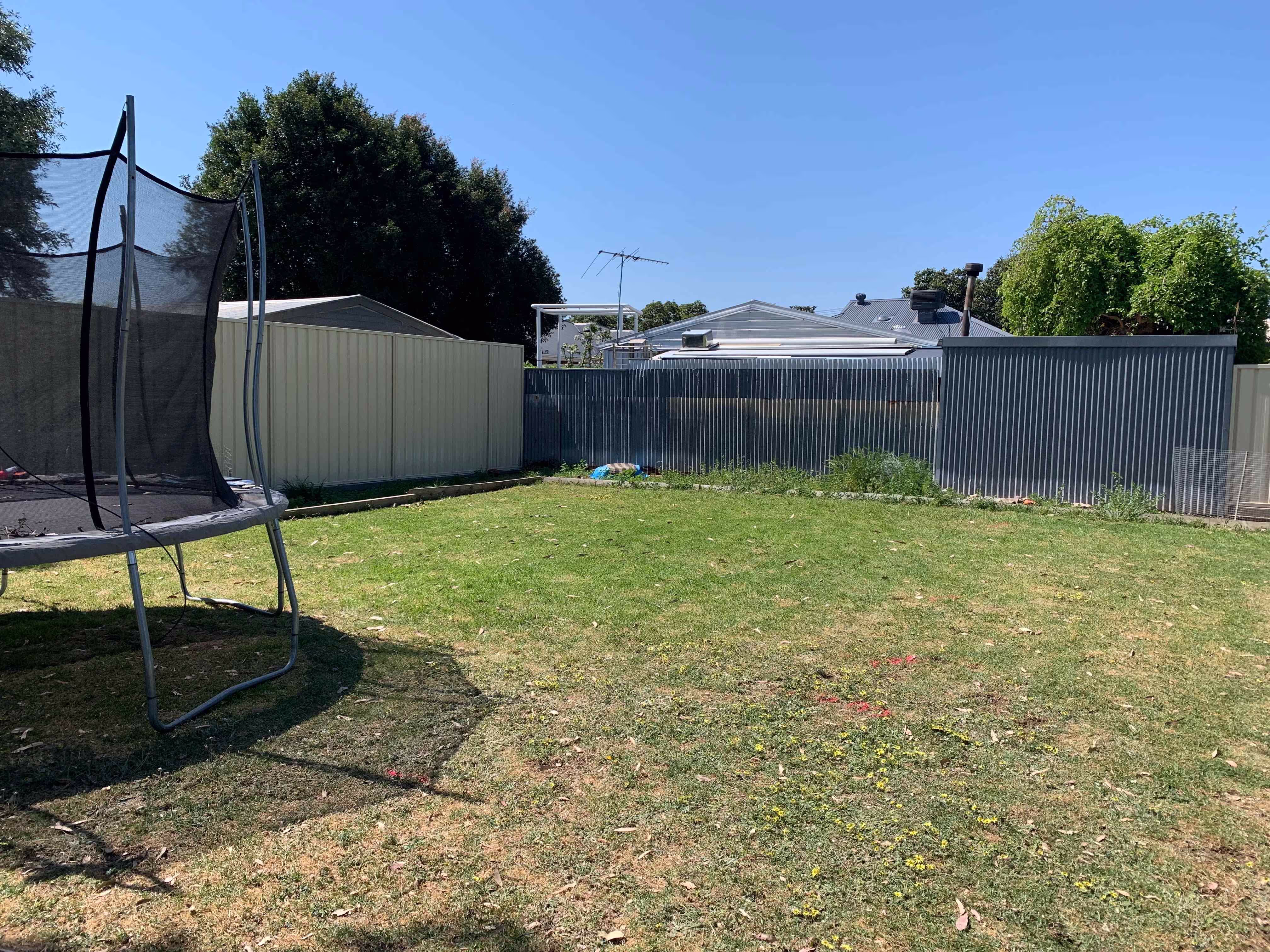A backyard with a trampoline and a fence.