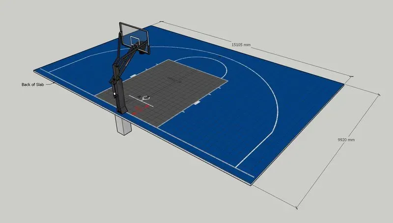 A blue basketball court with a basketball hoop.