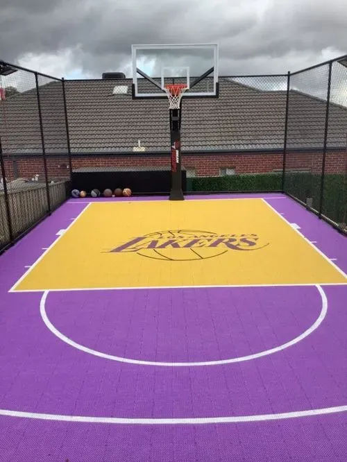 Purple basketball court with a net in the background