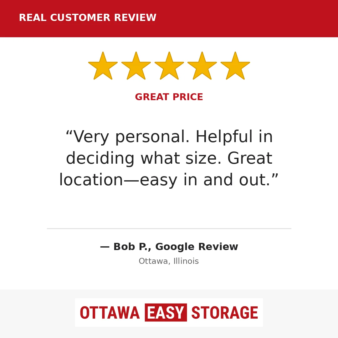 5-star Google review from Bob P.: Very personal. Helpful in deciding what size. Great location, easy in and out.