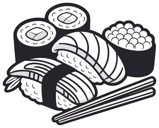 Black and white illustration of sushi rolls, nigiri pieces, and chopsticks.